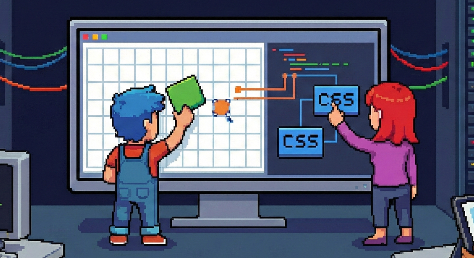 ピクセルアートスタイルのコンピュータ画面で、青髪の若い男性と赤髪の女性がプログラミングやウェブ開発に関する作業をしている。男性は画面のグリッド上で緑のブロックを操作し、女性はCSSとCSSのコーディングに関するアイコンを指している。