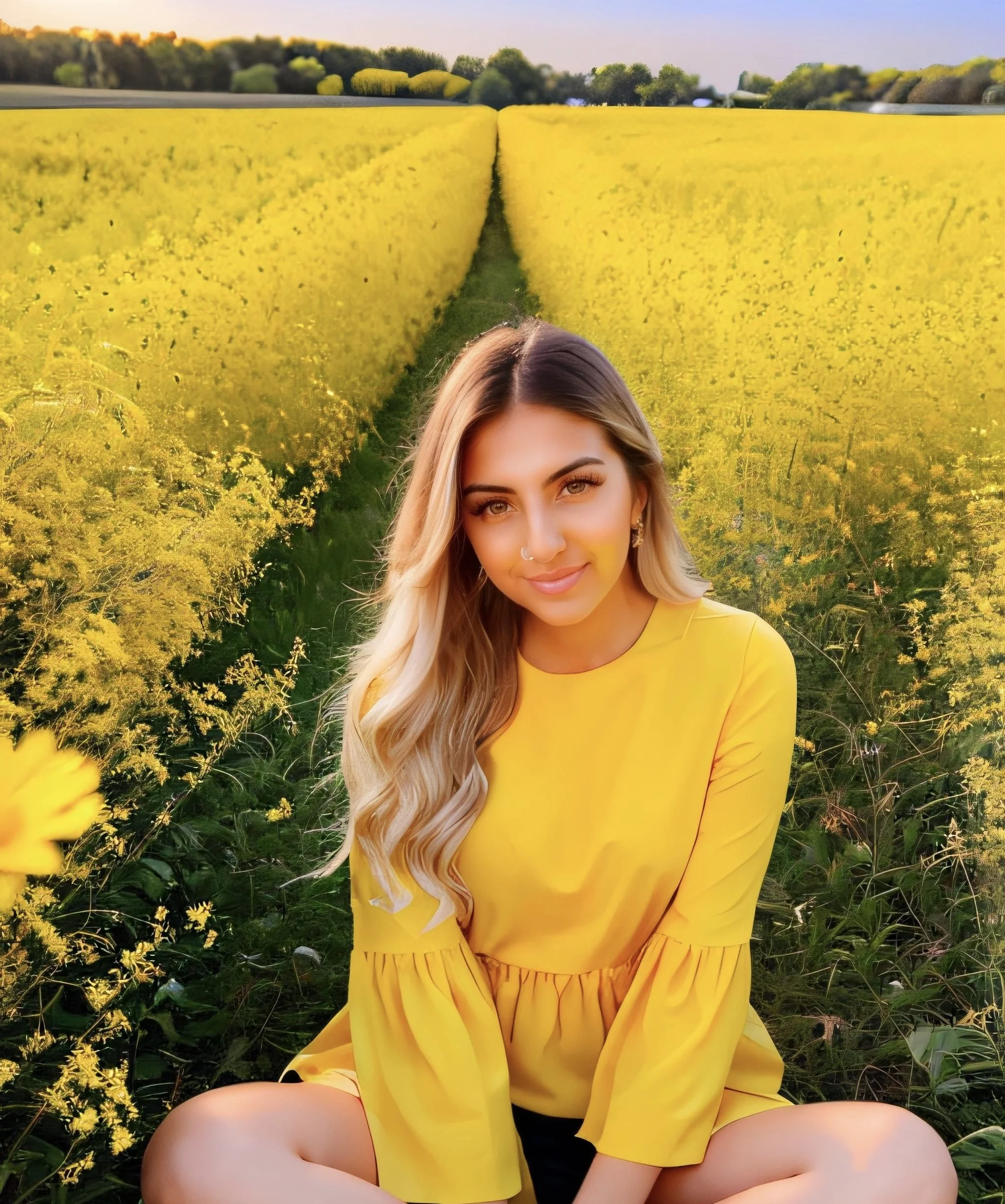 A young woman with long blonde hair sits in a bright yellow dress in a yellow flower field during sunset. She is smiling softly with a peaceful expression, surrounded by rows of yellow flowers, and trees in the background.