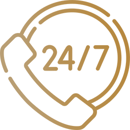 Phone icon showing availability of 24 hours 7 days a week in gold