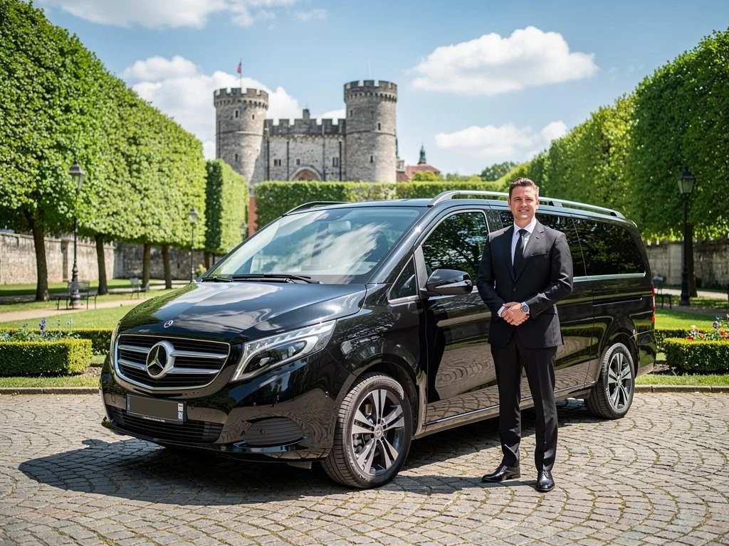Private chauffeur dressed professionally smiling next to Mercedes van in front of a castle