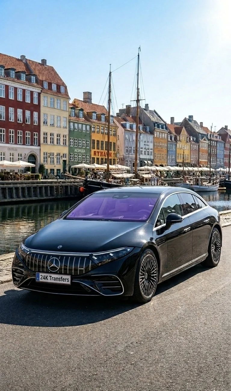 Mercedes EQS parked at Nyhavn Copenhagen for private Transfers and chauffeur service