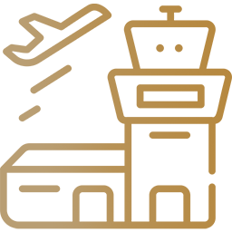 A plane taking off over a city icon in gold