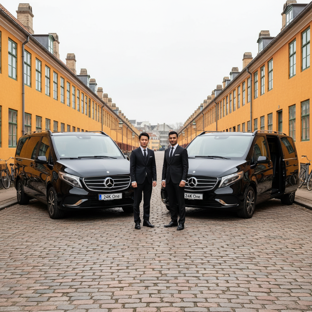 Two luxury Mercedes vans parked at Nyboder in Copenhagen with professional chauffeurs ready for private transfers