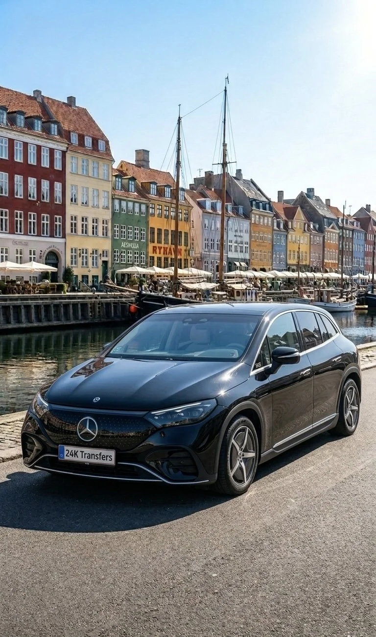 Mercedes EQE SUV parked at Nyhavn Copenhagen for private Transfers and chauffeur service