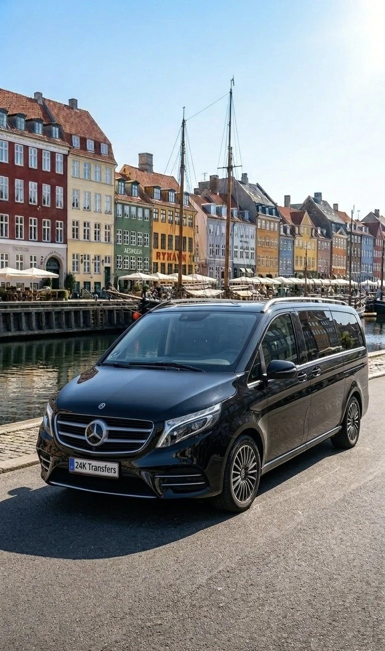 Mercedes EQV Van parked at Nyhavn Copenhagen for private Transfers and chauffeur service