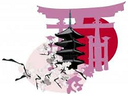 Illustration of a cherry blossom branch with pink flowers, a traditional Japanese pagoda, and a red sun in the background.
