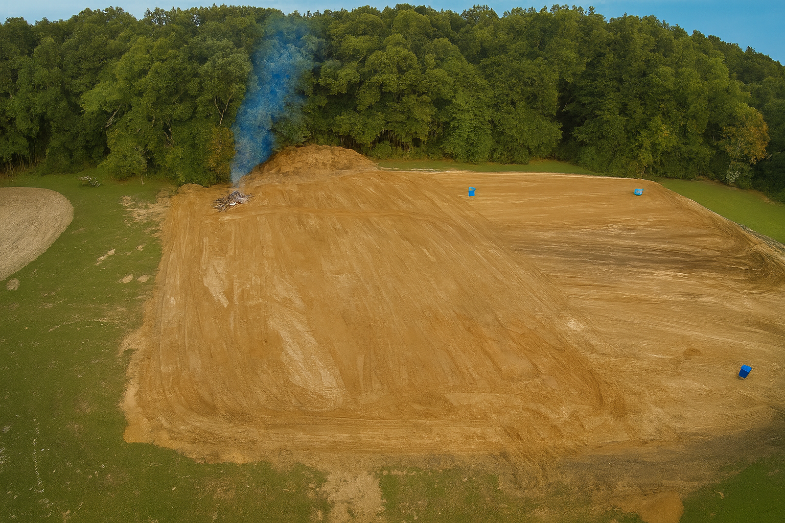An aerial view of a field being cleared in Ozark Alabama with a small fire burning near the edge, blue smoke rising, and blue barrels scattered on the dirt. A dense forest is in the background.