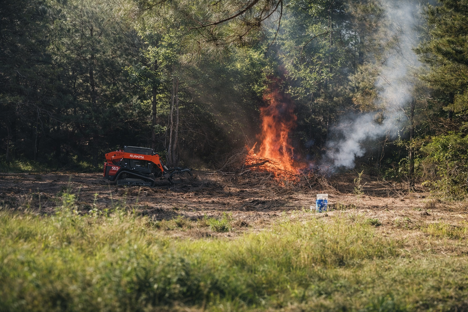 A small Kubota construction vehicle in a forest clearing with a controlled fire burning nearby, smoke rising among green trees.