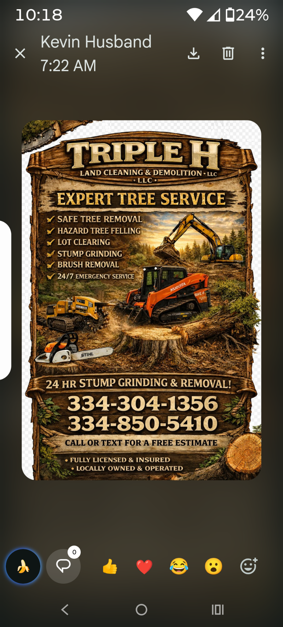 Advertisement for Triple H Land Cleaning and Demolition LLC, showcasing expert tree service including safe tree removal, hazard tree felling, lot clearing, stump grinding, and brush removal with 24/7 emergency service. Contact numbers are 334-304-135