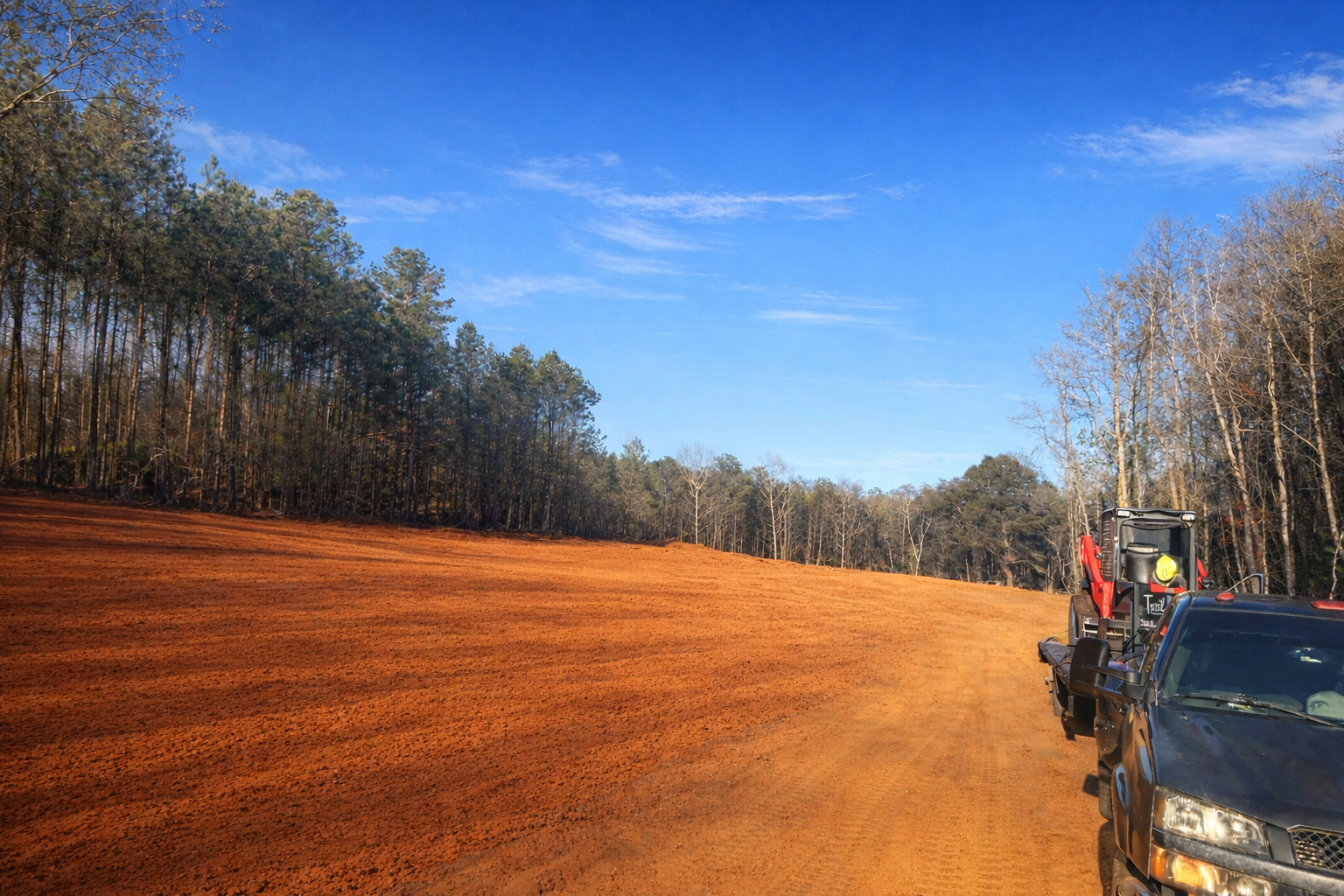 A construction site in Luverne Alabama with a black truck carrying equipment parked beside a cleared dirt area, with a wooded forest in the background under a clear blue sky. Triple H Cleared the land, and prepared the area for a future homesite. 