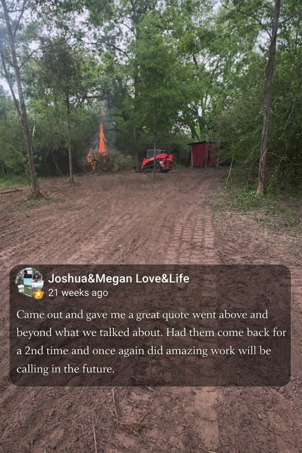 A Cleared Lot in Butler County Alabama done by Triple H  with a small red shed and a red lawn tractor. In the background, there is a small fire burning among the trees.
