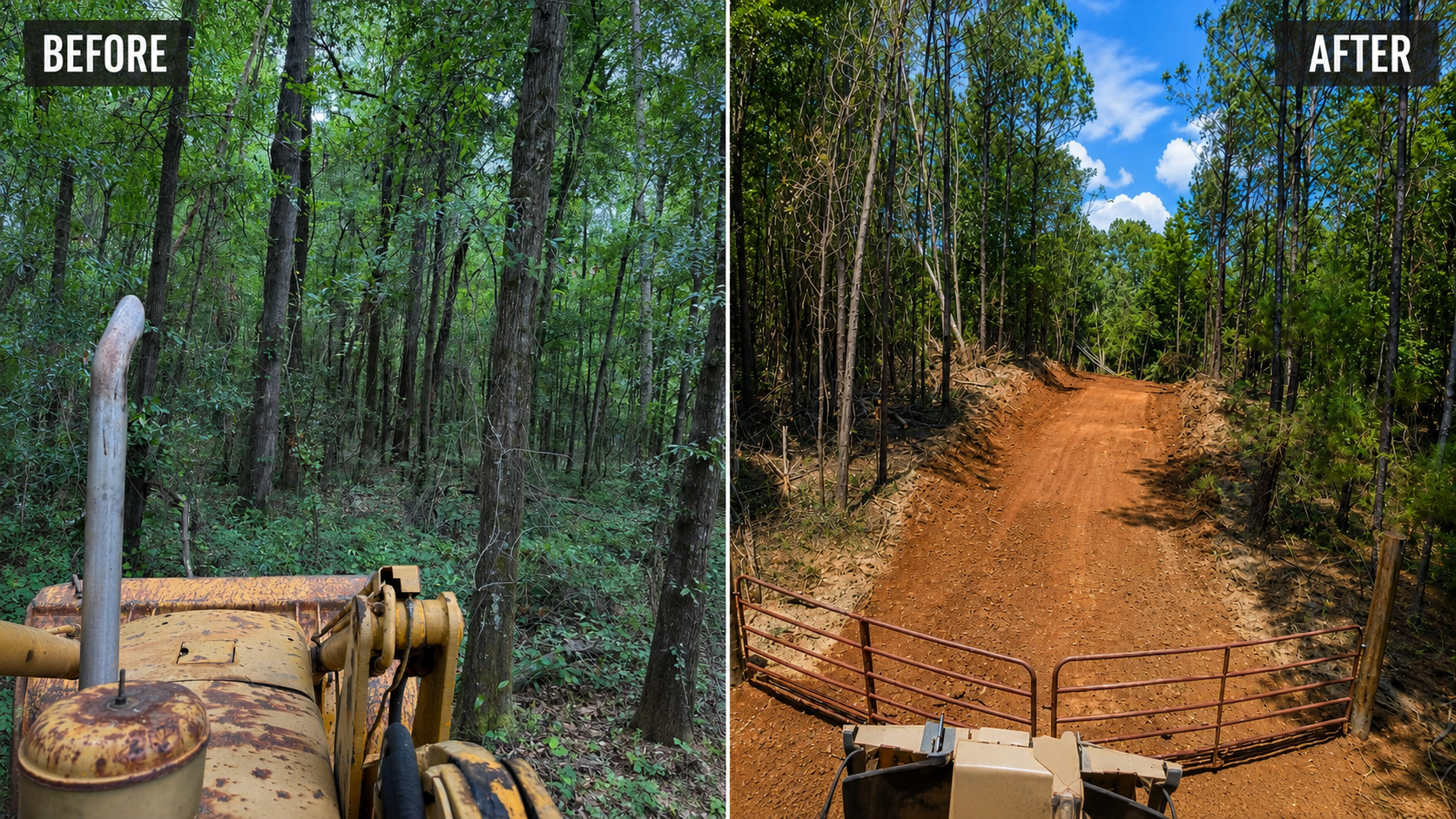 Before and after land clearing project by Triple H Property Development in South Alabama