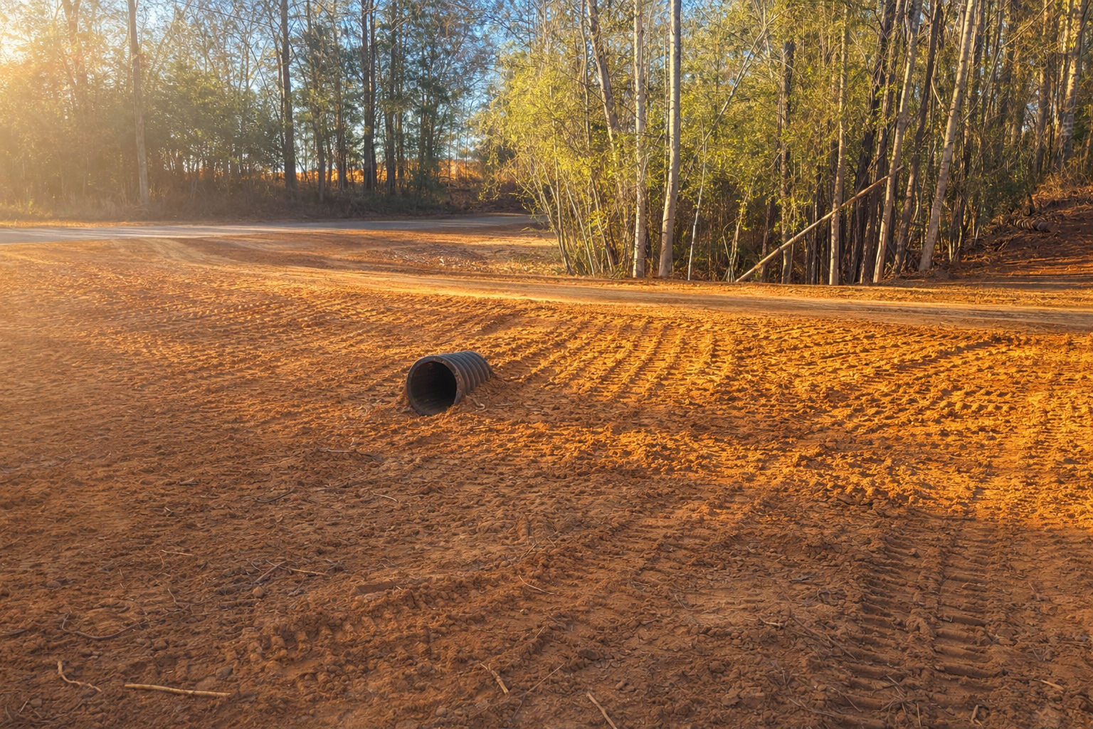 A dirt road in a forest with tire tracks, a black drainage pipe lying on the ground, and trees with green and yellow leaves in the background.