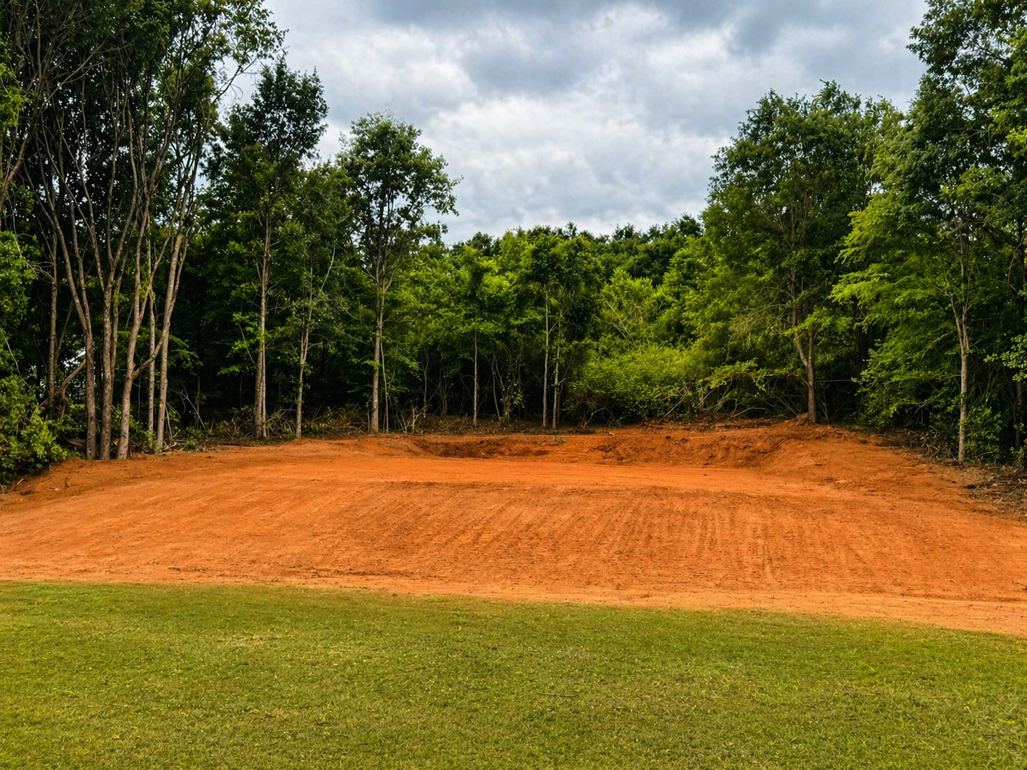 Sparse green grass in the foreground with red dirt and a line of trees in the background under a cloudy sky.