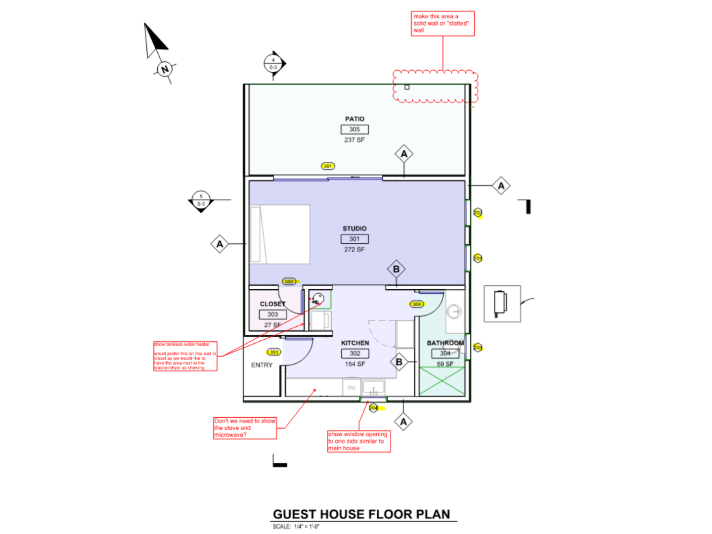 Marked-up guest house floor plan with plan review comments.