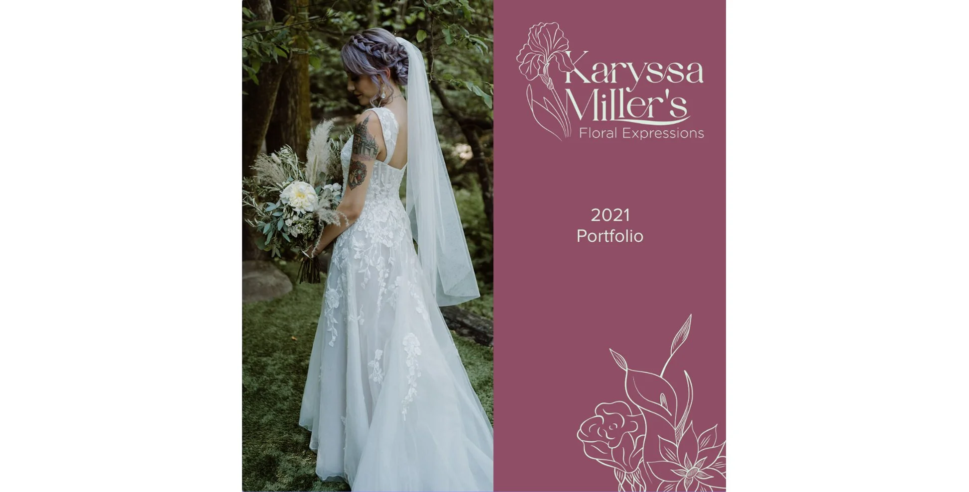 Cover image of 2021 portfolio floral book with bride holding her bouquet with dahlia and pampas grass.
