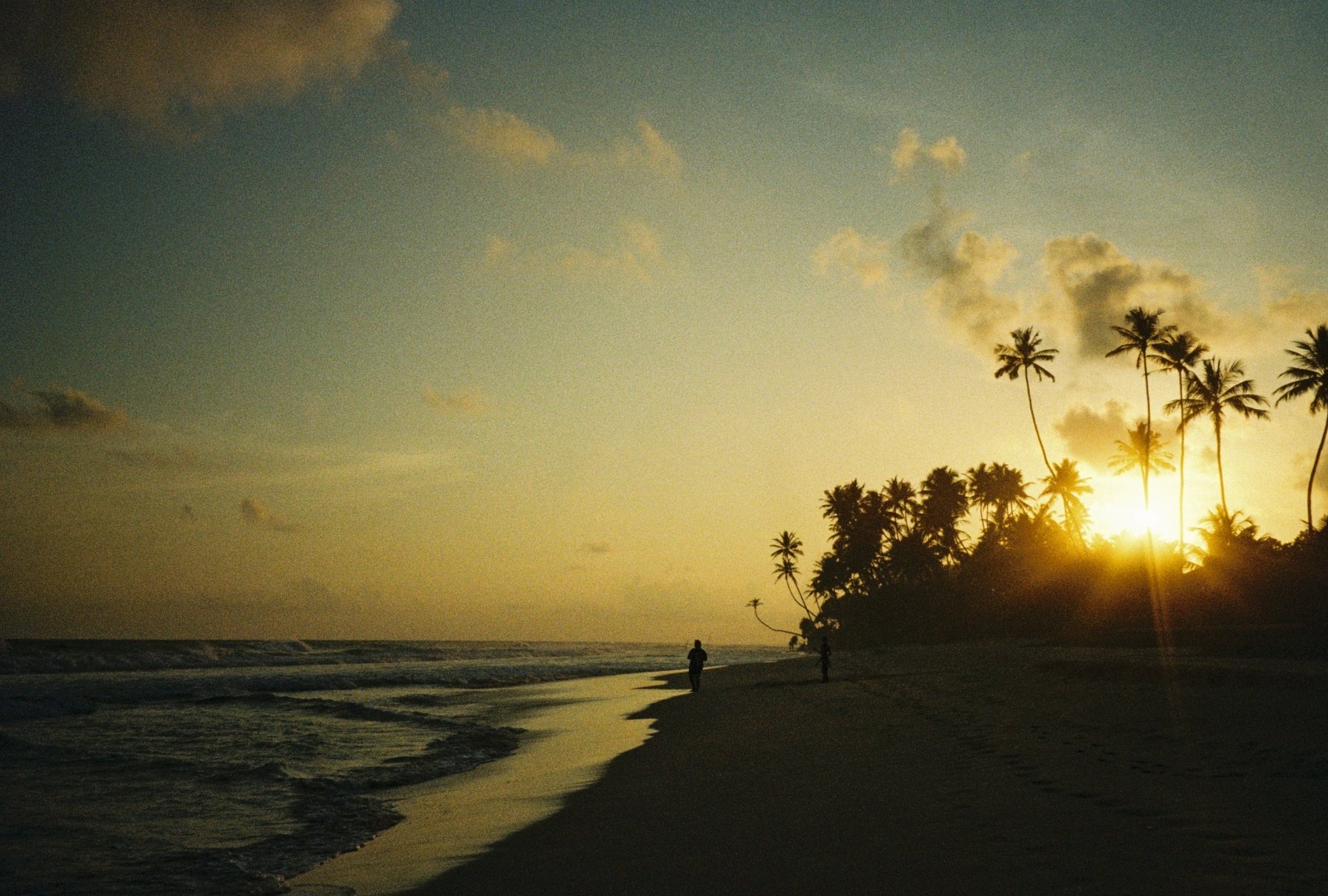 Sunset over a tropical beach with palm trees, two people walking along the shoreline, and the sky with scattered clouds.