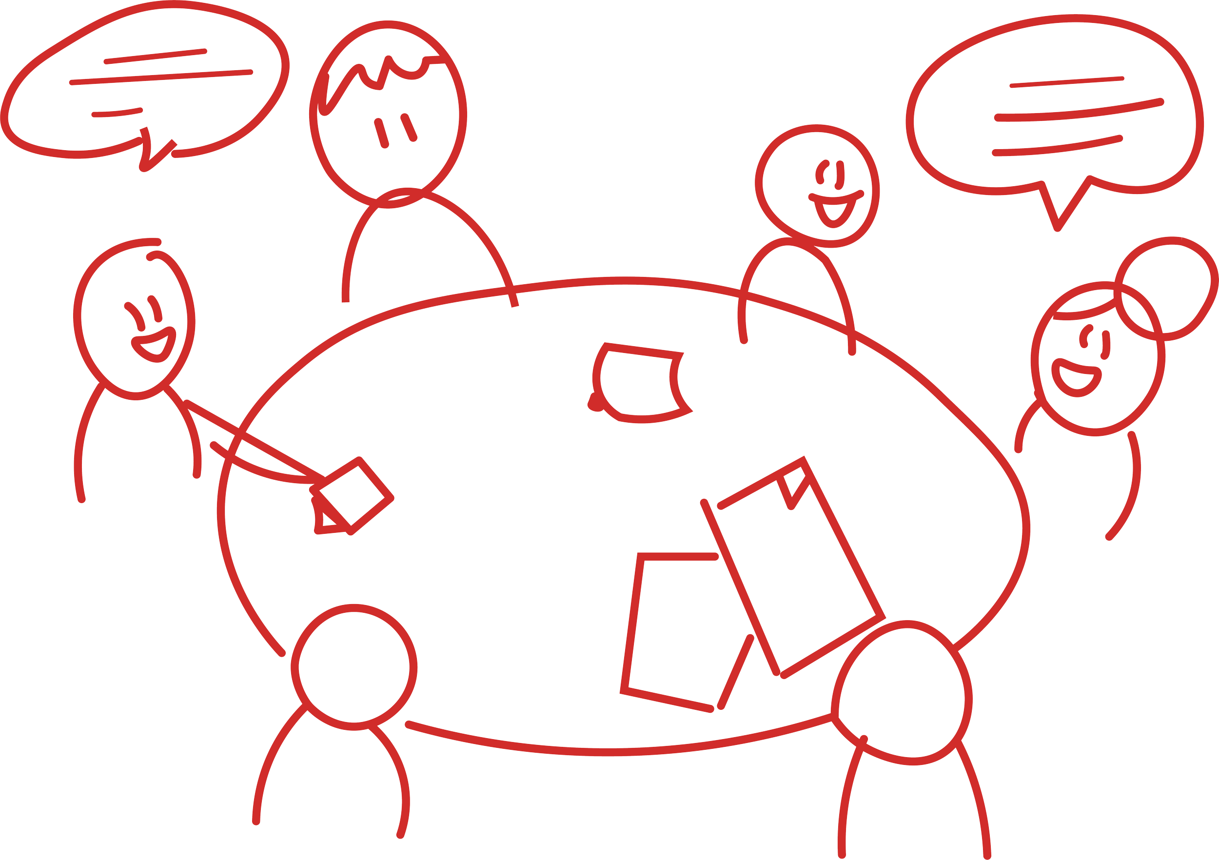 Red outline drawing of six people sitting around a table with speech bubbles, laptops, and papers, engaging in conversation and collaboration.
