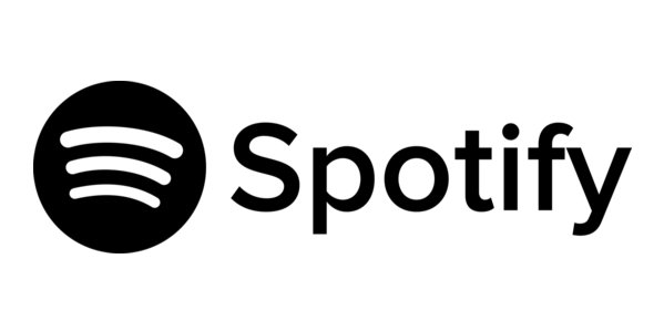 Black Spotify logo with circular icon and the word 'Spotify' in black text.