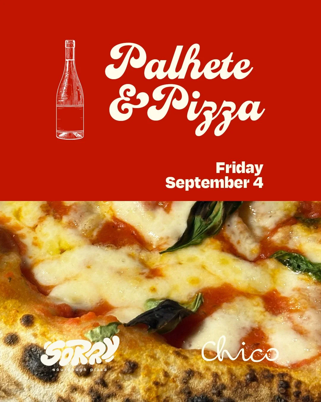 Cartaz anunciando evento de pizzaria e embalagem de pizza. Texto em português e inglês, com detalhes de data e logo de pizzaria.