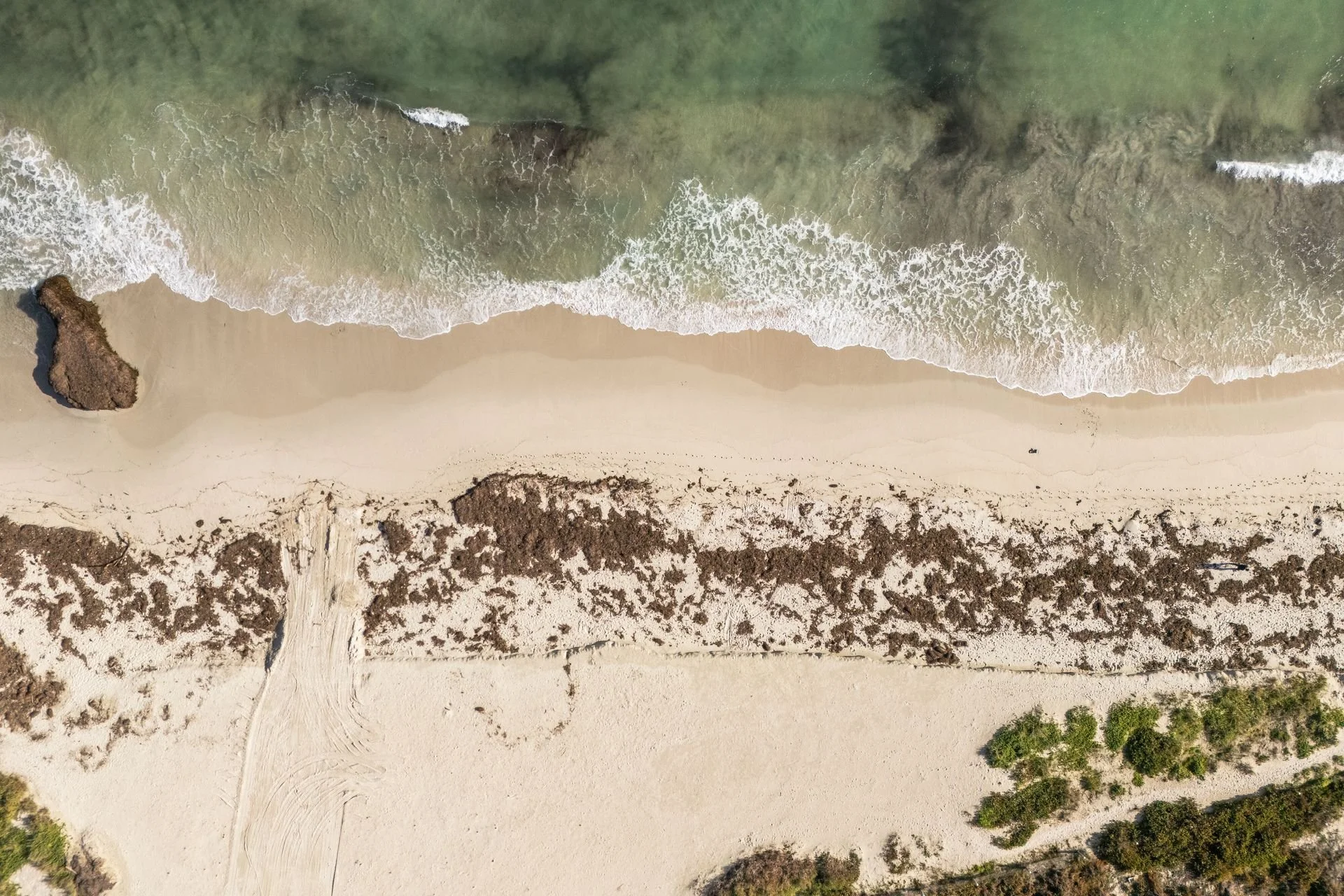 An aerial view of a beach showing the shoreline with waves washing onto the sand. There are rocks and a dirt path on the beach, with some green bushes at the bottom of the image.