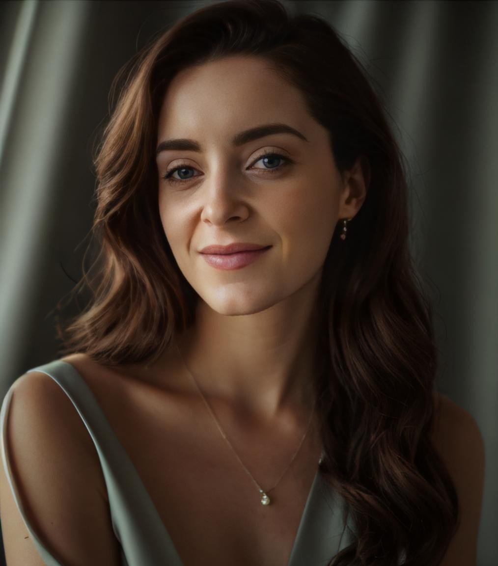 Portrait of a young woman with long wavy brown hair, blue eyes, and light makeup, wearing a light-colored dress and jewelry, standing near a window.