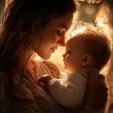 A woman and a baby touching noses, sharing a close, tender moment.