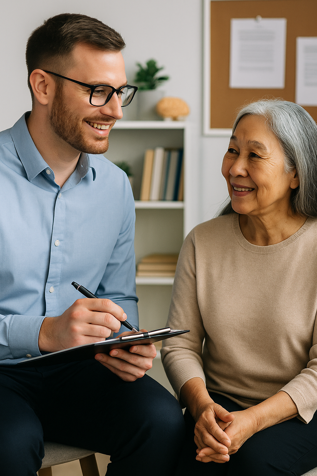 A young man in glasses holding a pen and a notepad, smiling and talking to an elderly woman sitting in front of him, in a room with bookshelves and a bulletin board.