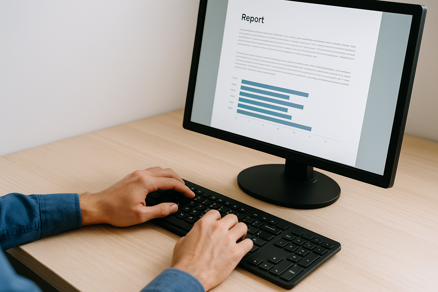 A person working at a desk with a computer monitor displaying a report with a bar chart.