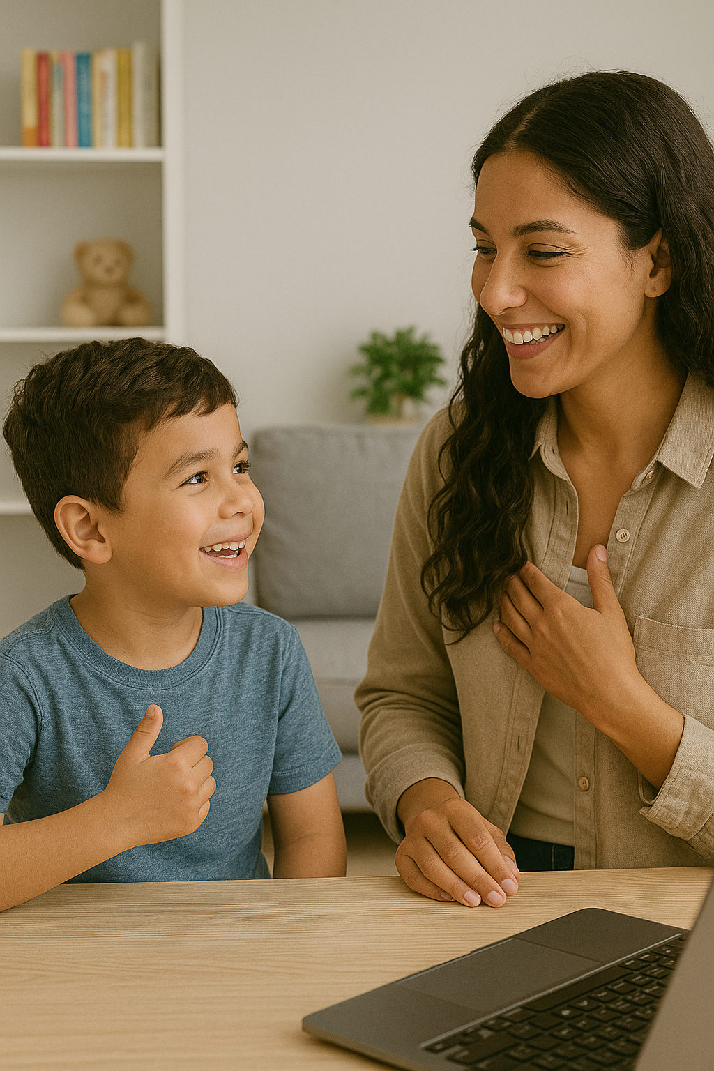 A young boy and a woman smiling at each other while sitting at a table with a laptop in a cozy room.