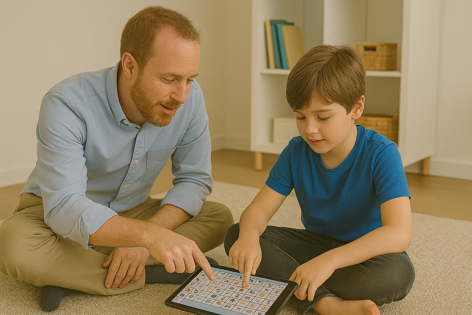 An adult male and a young boy sitting on a carpeted floor, pointing at a tablet screen filled with various icons and images.