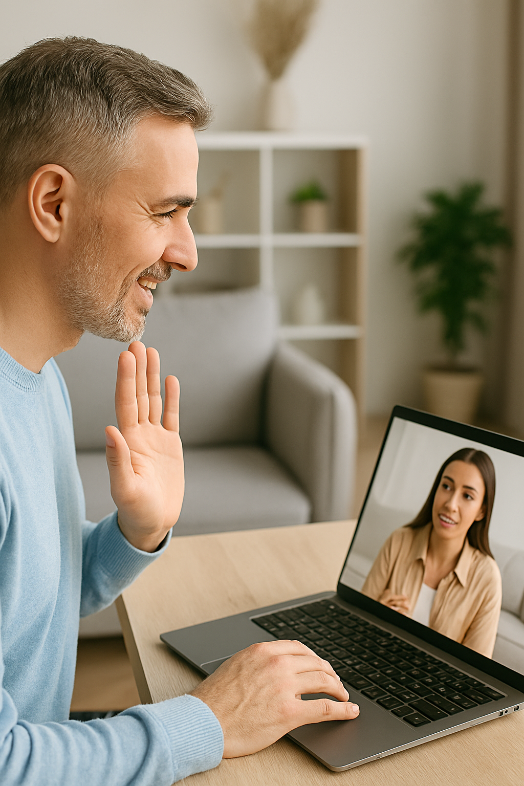 A man on a video call smiling and waving at a woman on his laptop screen in a cozy living room.