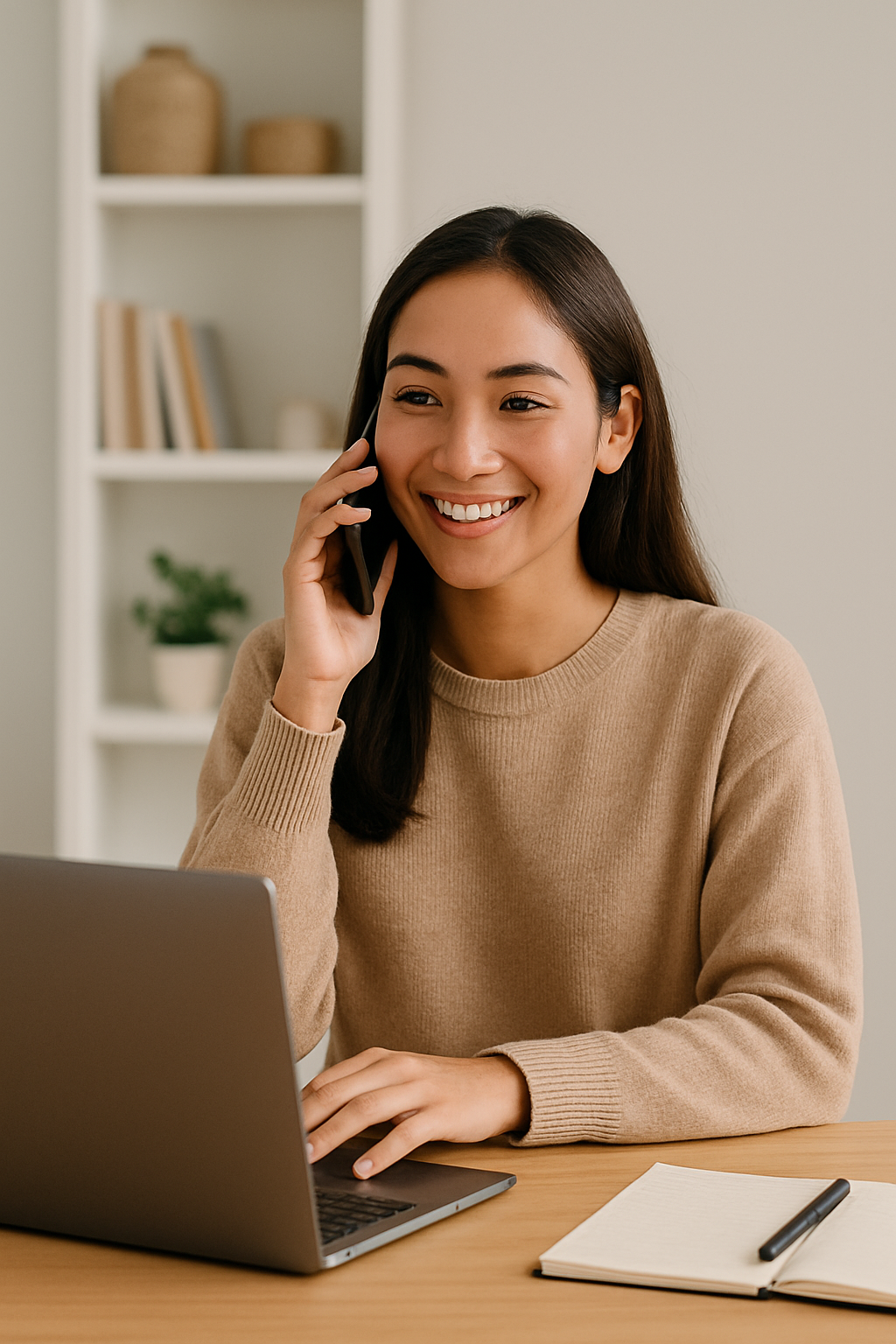 A woman with long dark hair smiling and talking on her cell phone while sitting at a desk with a laptop, notebook, and pen.