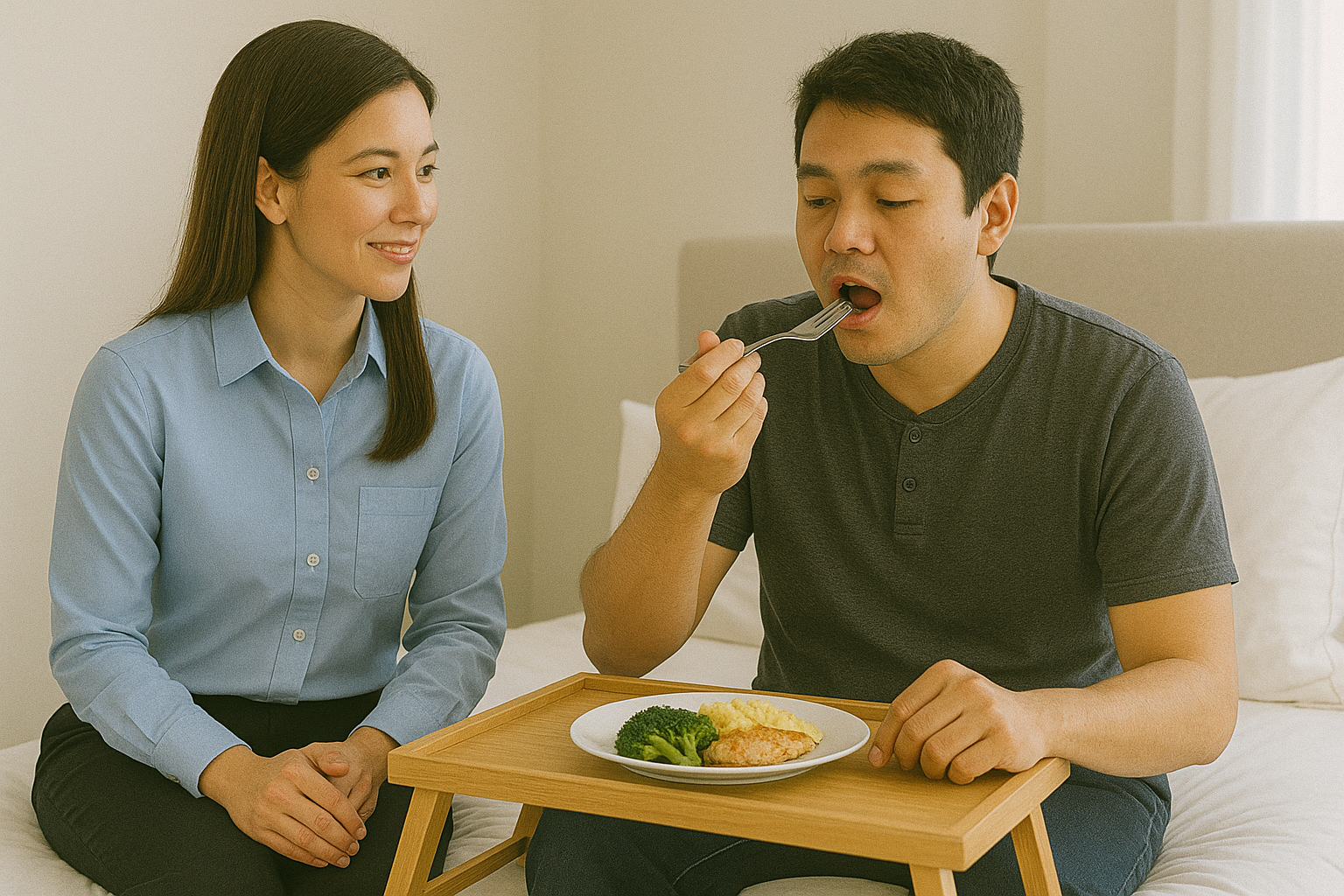 A man with short dark hair sitting on a bed, eating food with a fork, while a woman with long dark hair, wearing a blue button-up shirt, sits beside him, smiling and watching him eat.