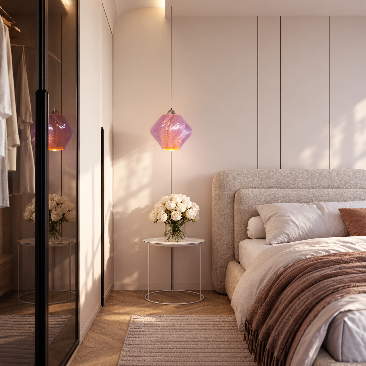 Soft blush bedroom with sculptural pendant-1.png