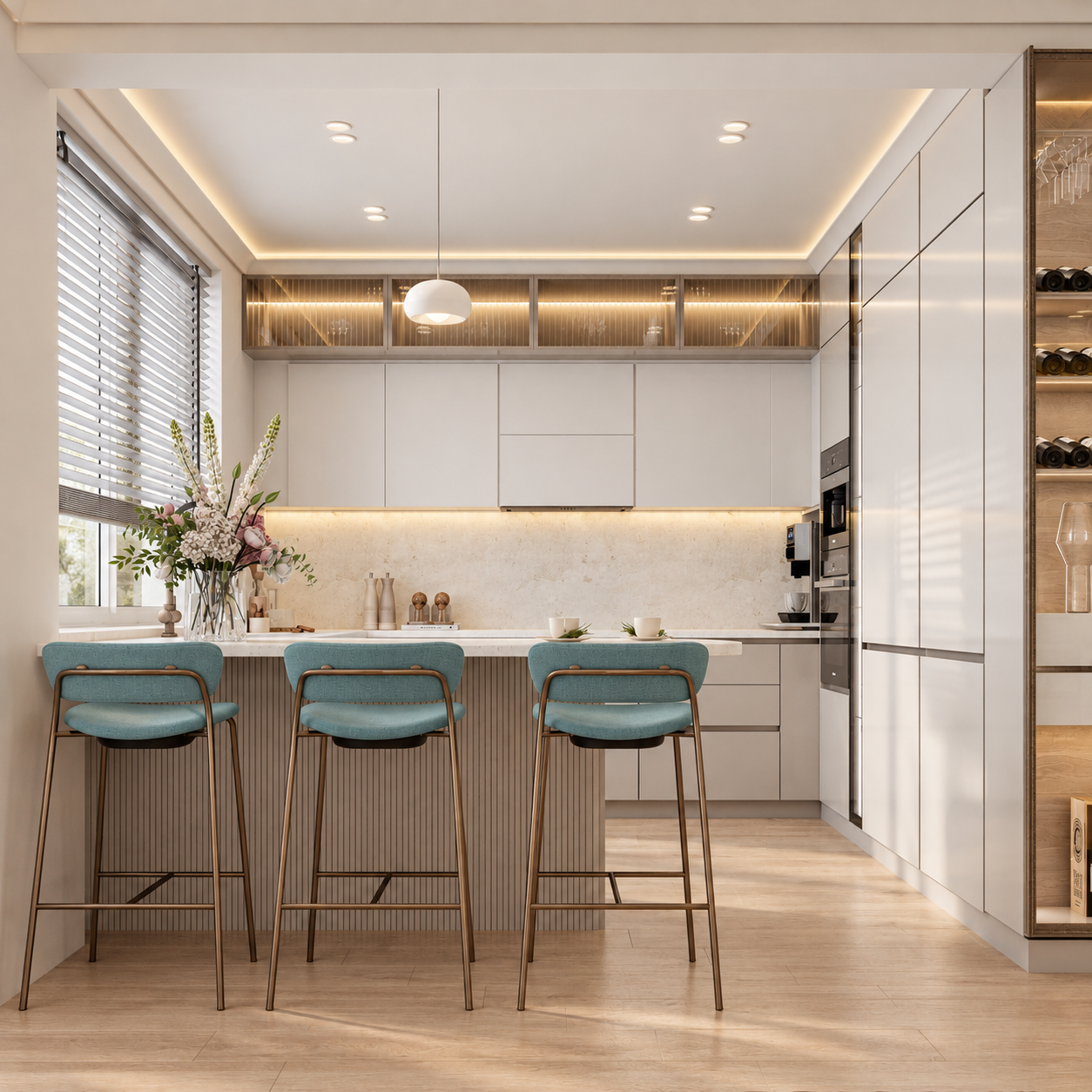 Photorealistic teal-stool kitchen interior.png