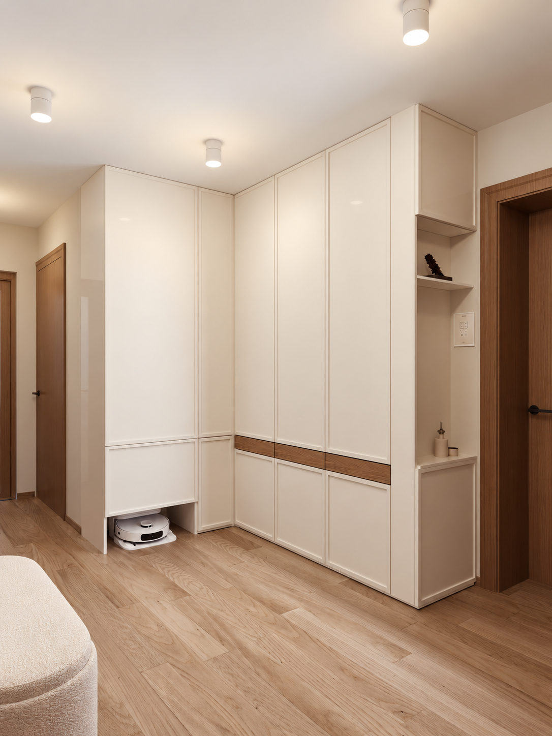 Softly illuminated ivory-and-oak hallway-2.png