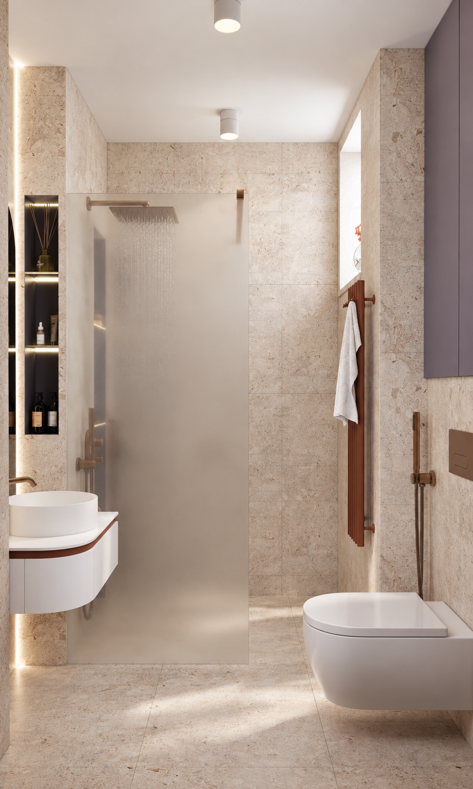 Warm limestone bathroom with bronze fixtures.png