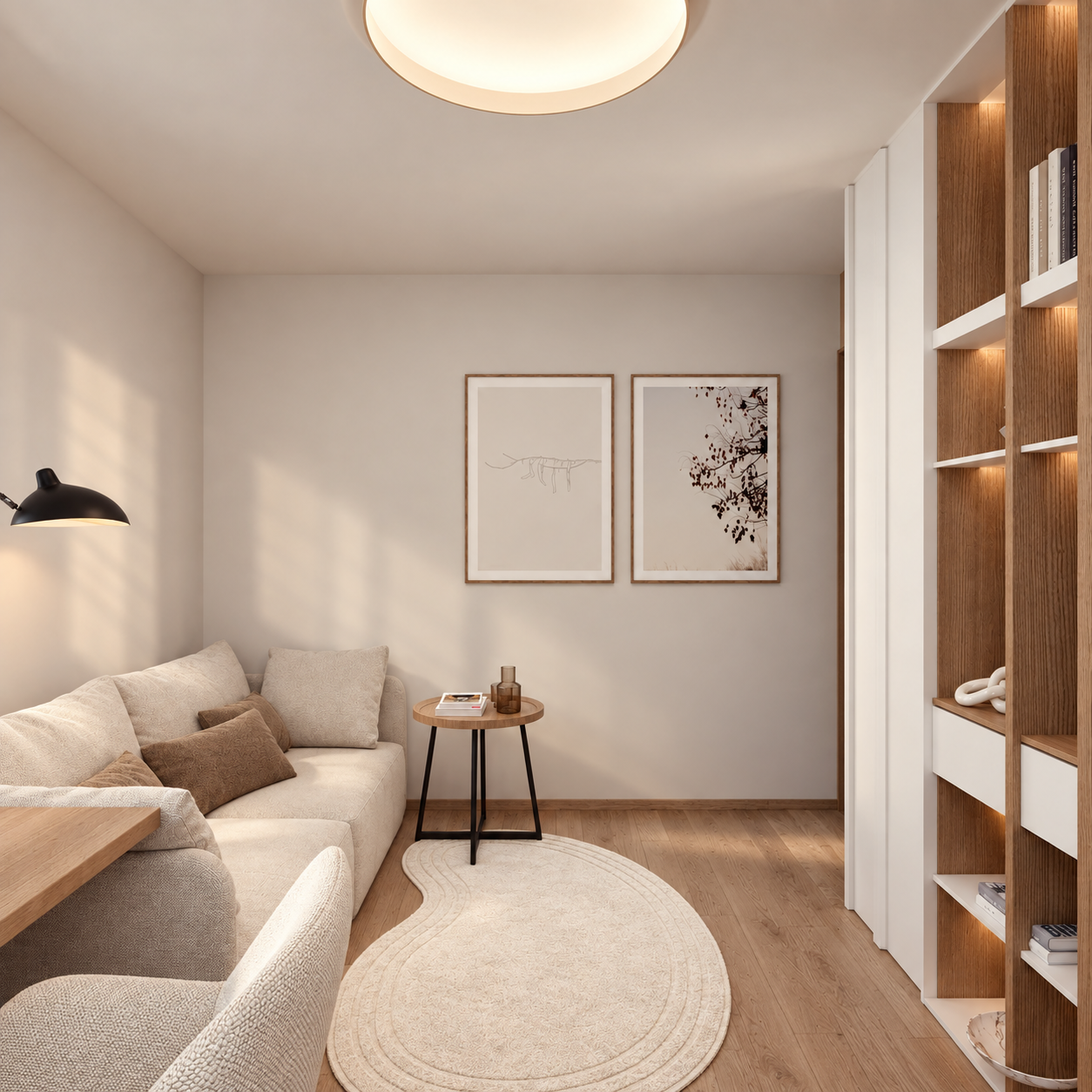 Warm photoreal office with ribbed oak shelving.png