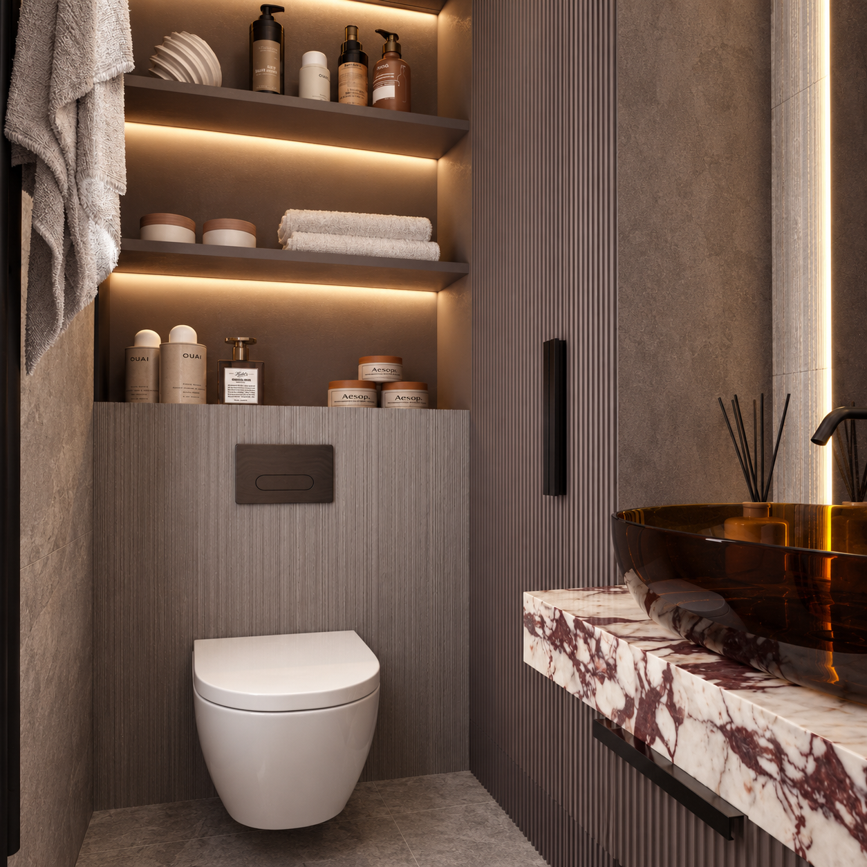 Warm-lit marble bathroom with fluted cabinetry-6.png