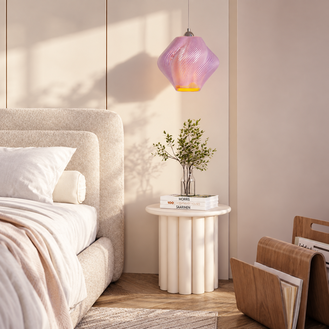 Soft blush bedroom with glass pendant-2.png