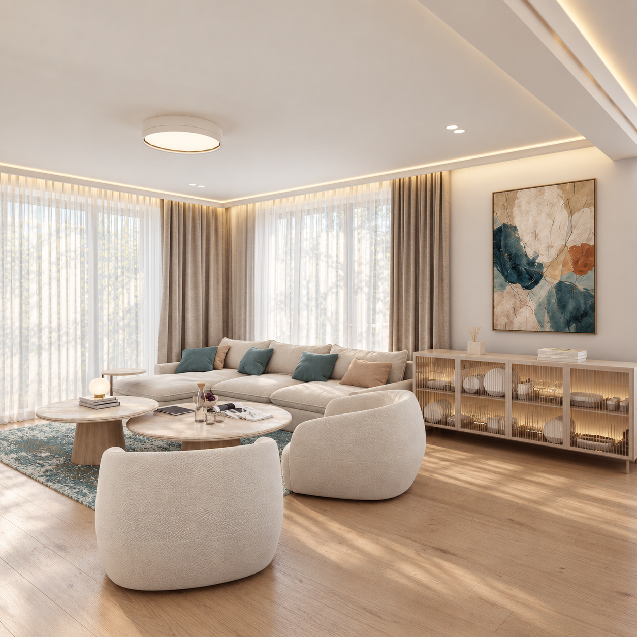 Sunlit cream living room with abstract art.png