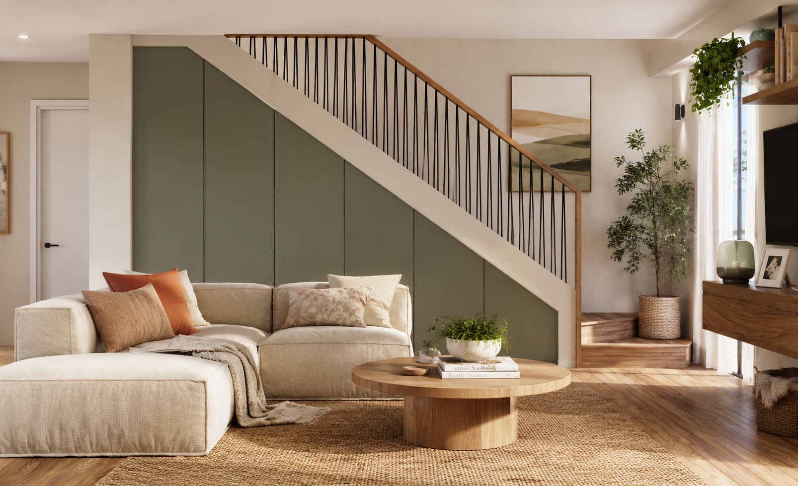 Modern living room with a large tan sectional sofa, a black coffee table, and a potted plant near glass sliding doors. Sunlight streams through white curtains, casting shadows on a wooden wall art piece.