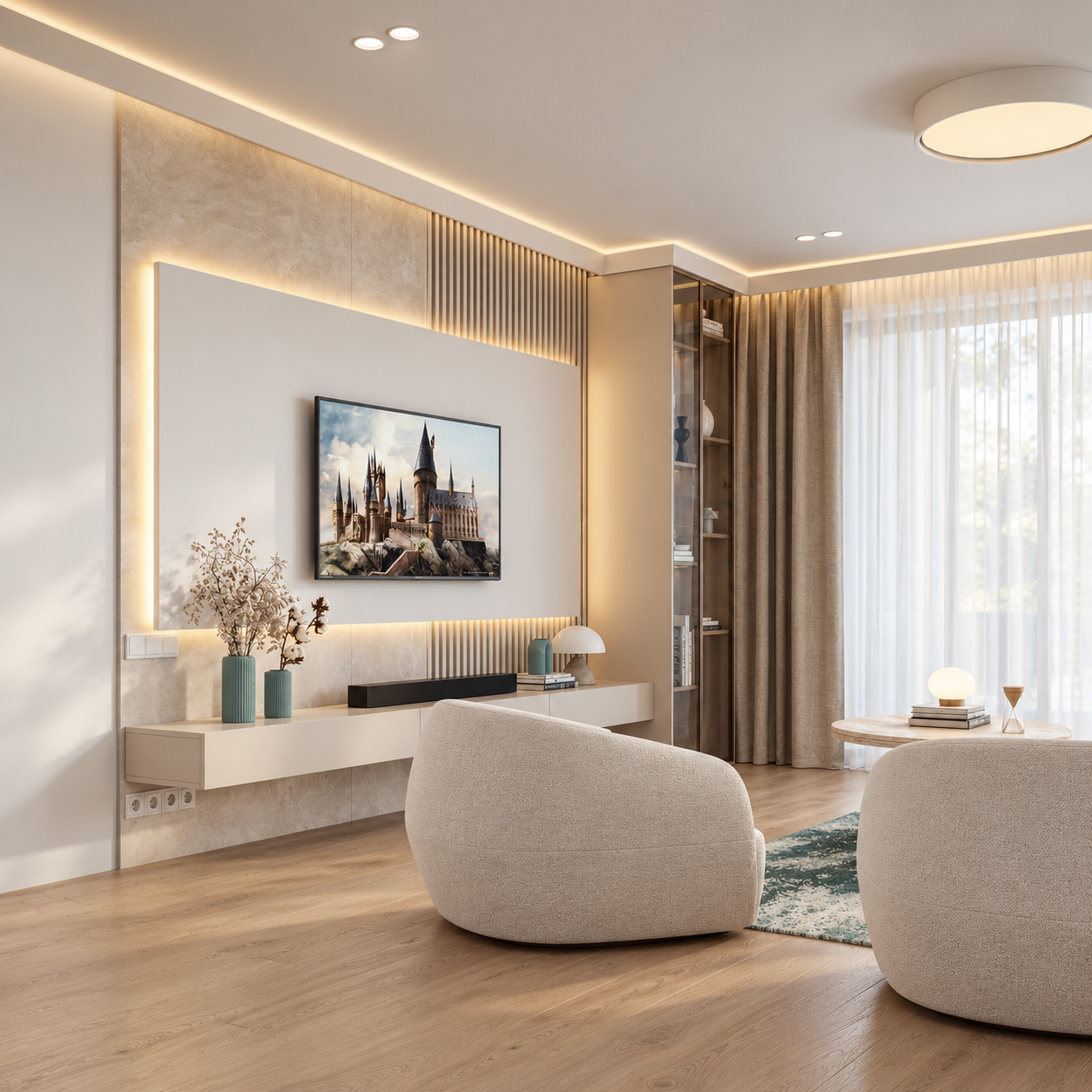 Photoreal living room with teal accents.png