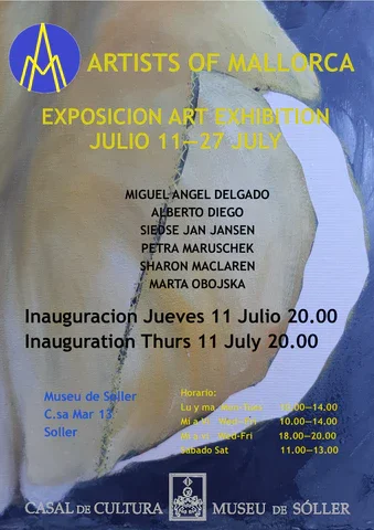 Poster for an art exhibition titled 'Artists of Mallorca' running from July 11 to July 27, featuring a painting of a woman with a white headscarf, with details about the inauguration dates and museum hours.