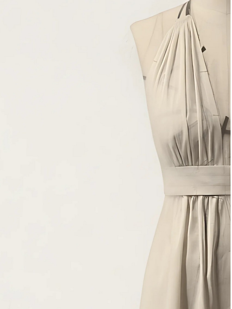 Close-up of a fabric dress form with a beige dress. The dress has gathered fabric at the waist and pleats, with black straps visible.