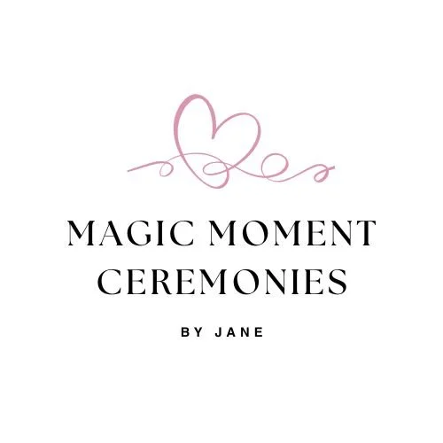 Design with a pink heart and cursive line, with text that says 'Magic Moment Ceremonies by Jane' on a white background.