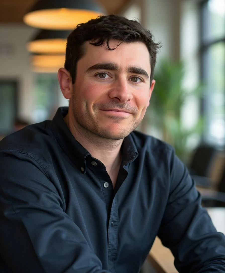 A smiling man with dark hair and blue eyes sitting at a table in a well-lit indoor space, wearing a dark button-up shirt.