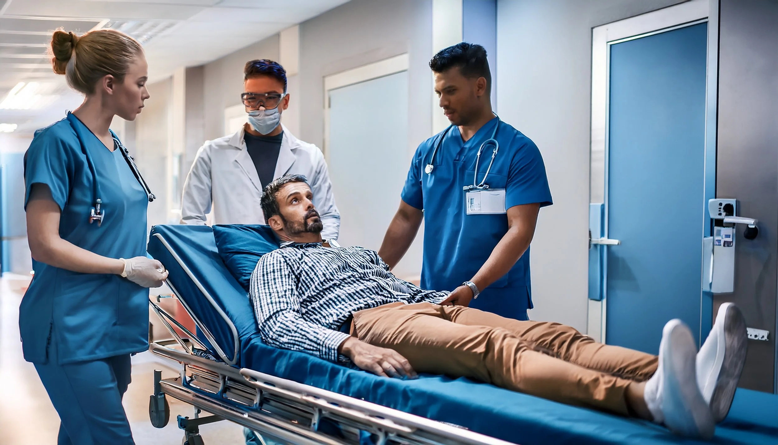 A group of healthcare professionals, including two women and two men, attending to a male patient lying on a hospital bed. The patient appears to be conscious and is looking up at one of the medical staff. The staff are wearing medical scrubs, masks, and gloves, and are in a hospital corridor.