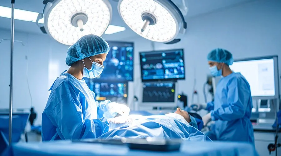 Surgeons in scrubs and masks performing surgery in an operating room with bright overhead lights and monitors displaying medical data.